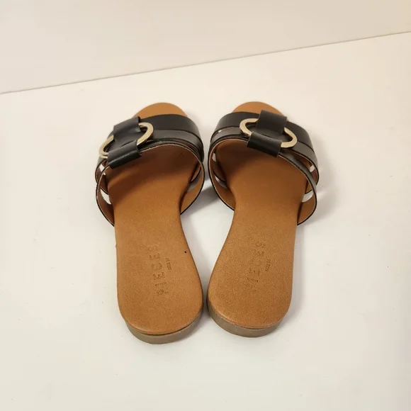 Pieces Vivi Black Leather Sandals Open Toe Slide On Shoes Size 38 7.5 8 Summer - Picture 10 of 13